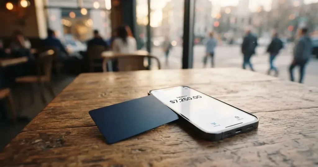 A payment card next to a phone with a crypto wallet app open