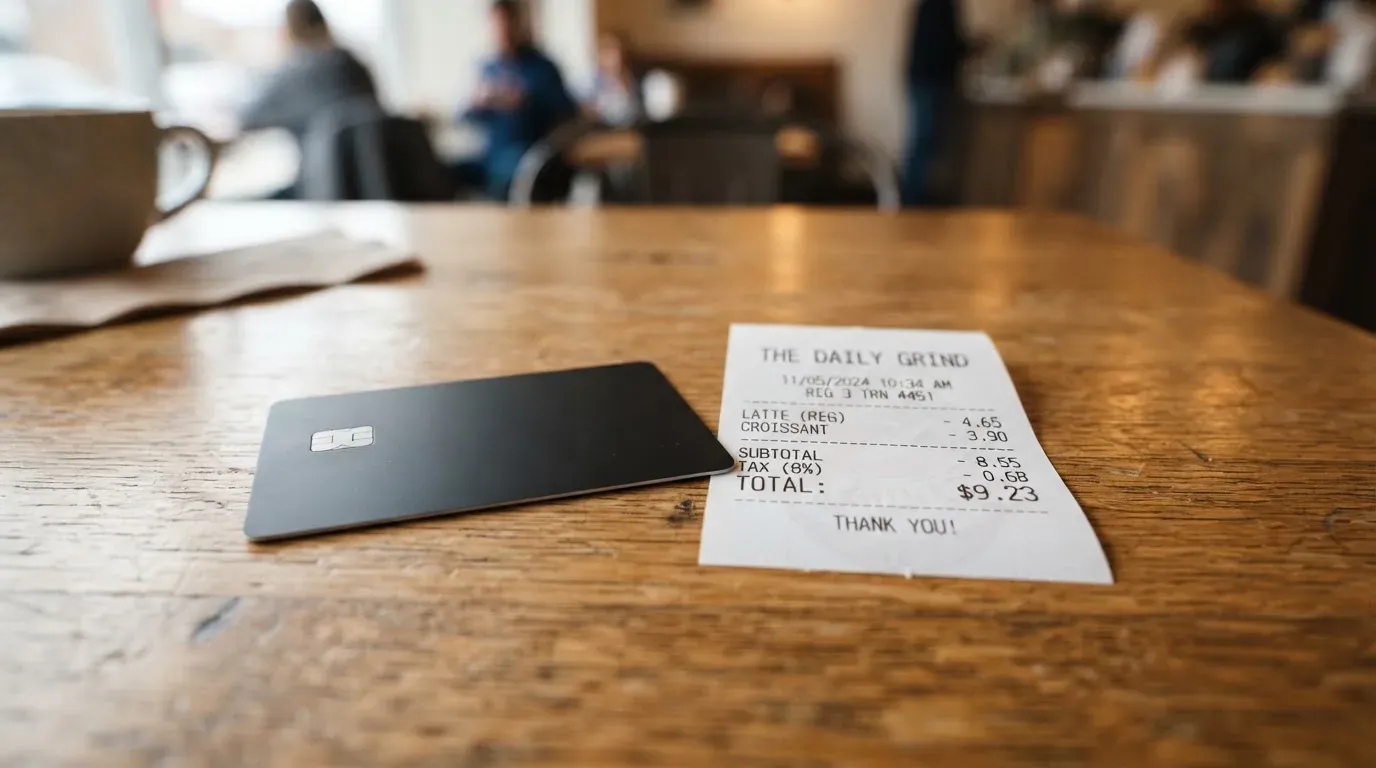 A receipt and a card on a café table