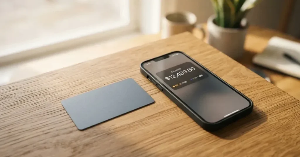 A payment card next to a phone with a crypto wallet app open