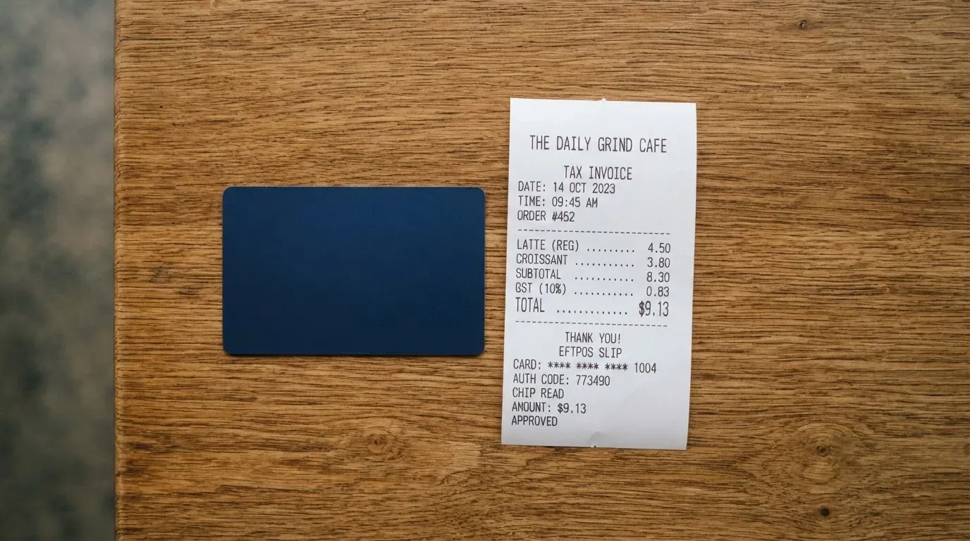 A receipt and a card on a café table