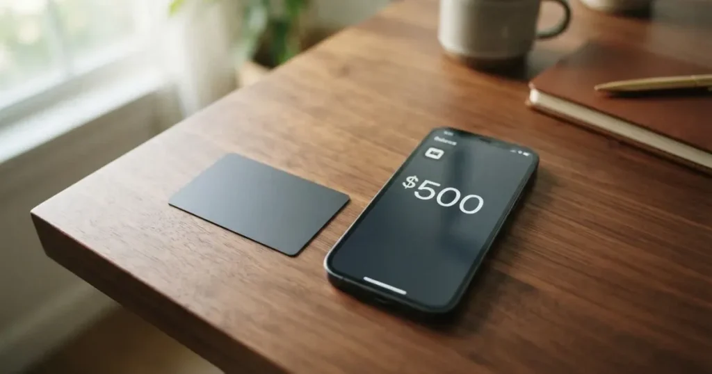 A payment card next to a phone with a crypto wallet app open