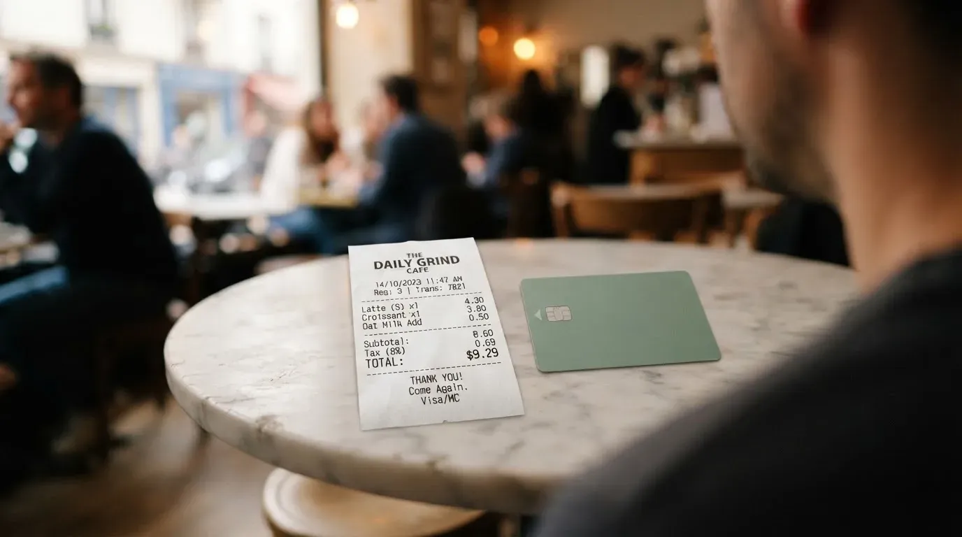 A receipt and a card on a café table