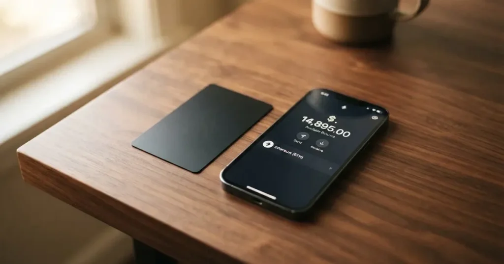 A payment card next to a phone with a crypto wallet app open