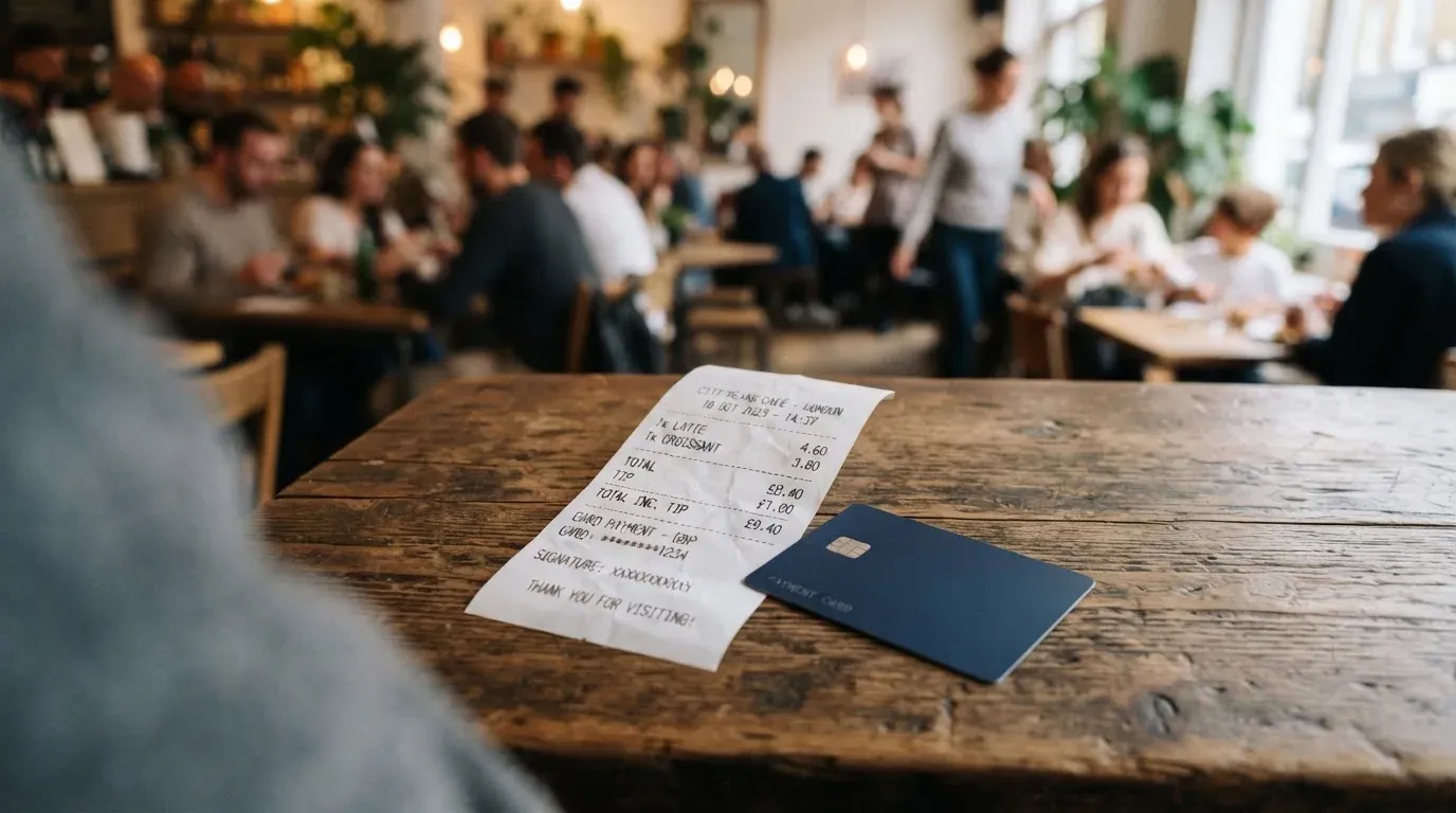 A receipt and a card on a café table