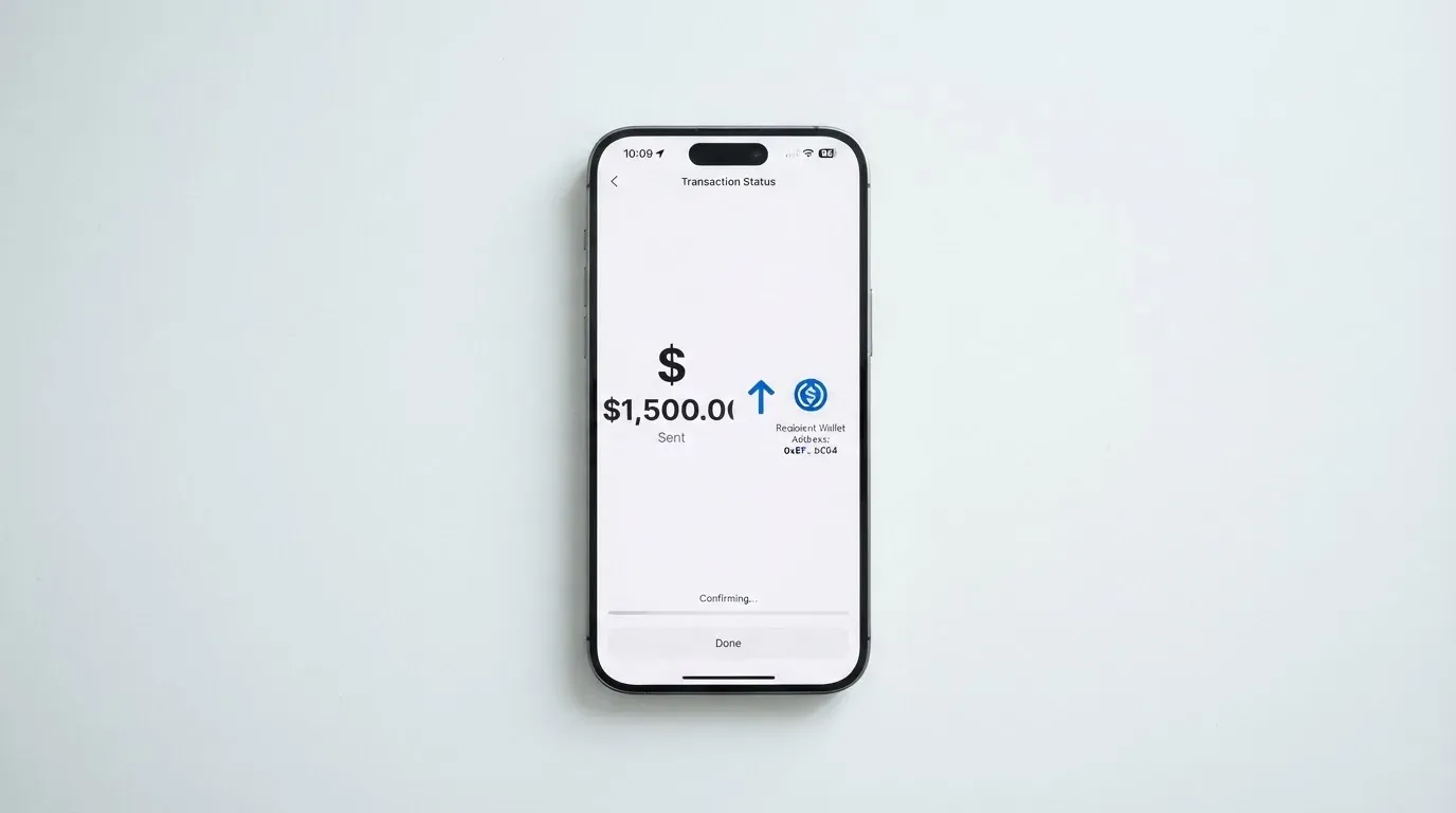 A phone showing a stablecoin transfer screen