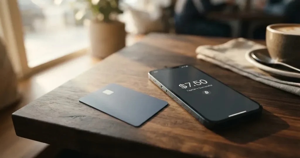 A payment card next to a phone with a crypto wallet app open