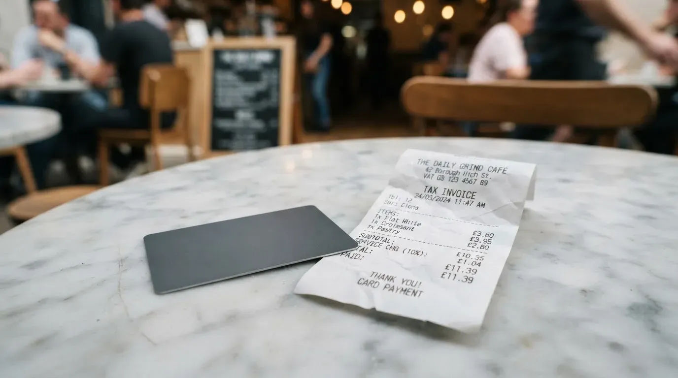 A receipt and a card on a café table