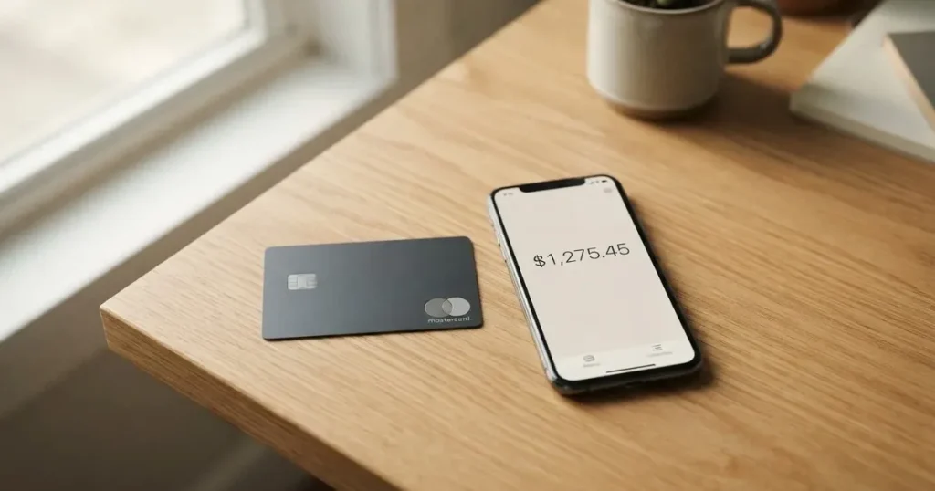A payment card next to a phone with a crypto wallet app open
