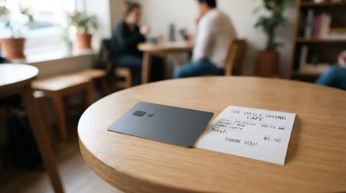A receipt and a card on a café table