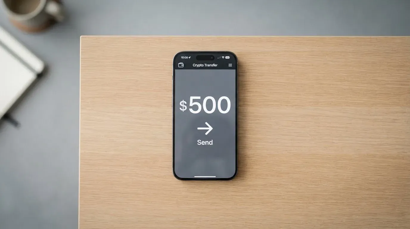 A phone showing a stablecoin transfer screen