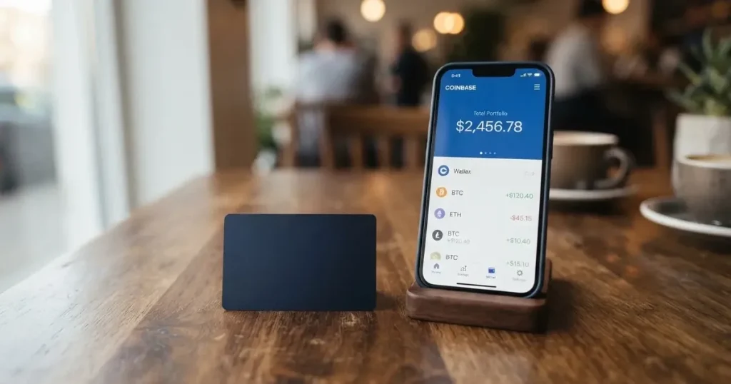 A payment card next to a phone with a crypto wallet app open