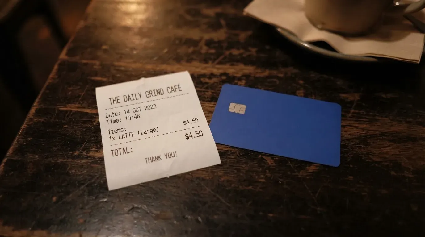 A receipt and a card on a café table