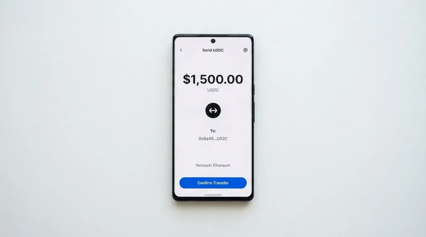 A phone showing a stablecoin transfer screen