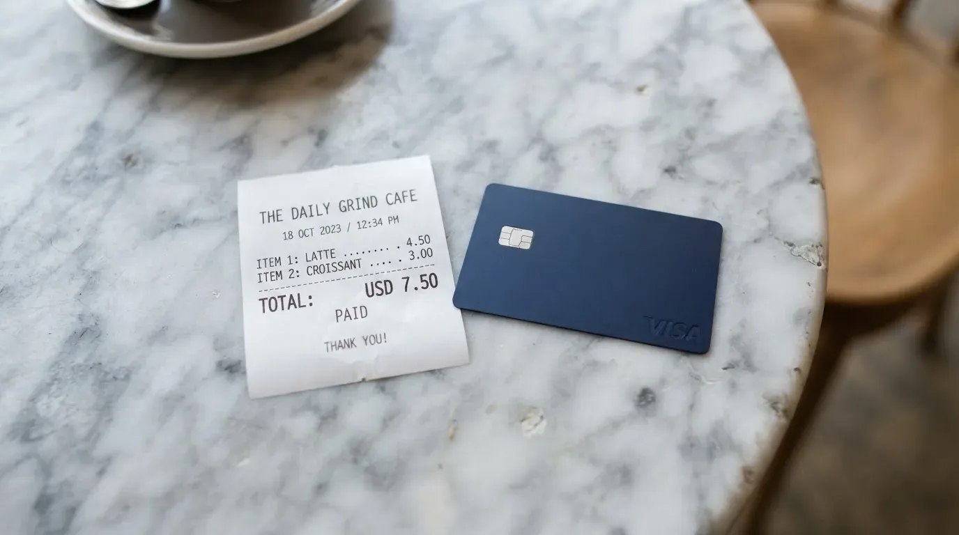 A receipt and a card on a café table
