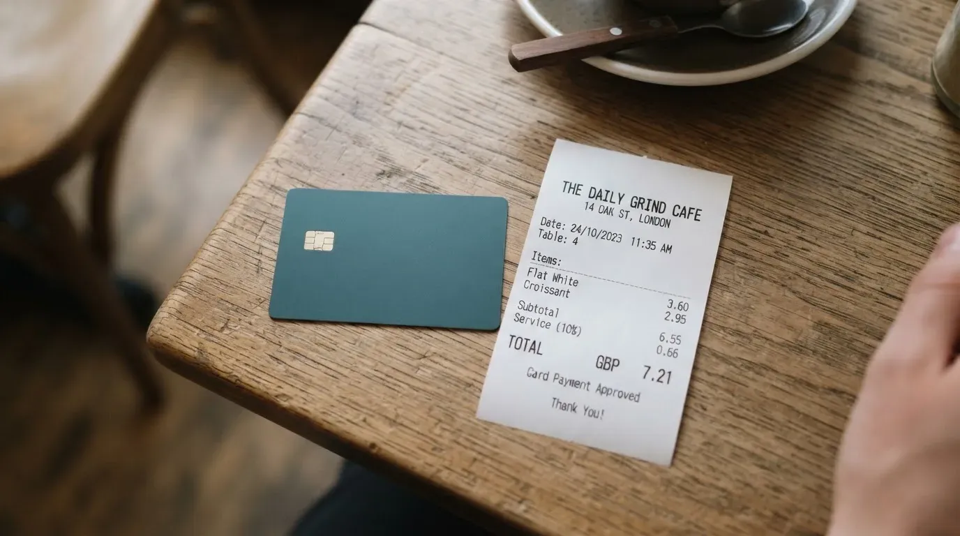 A receipt and a card on a café table
