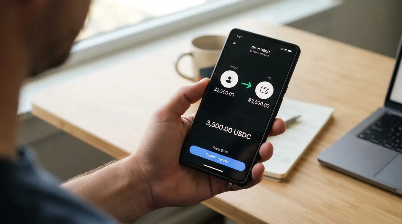 A phone showing a stablecoin transfer screen