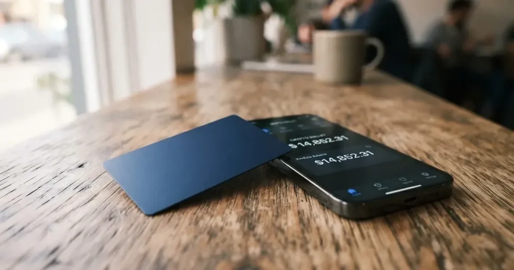 A payment card next to a phone with a crypto wallet app open