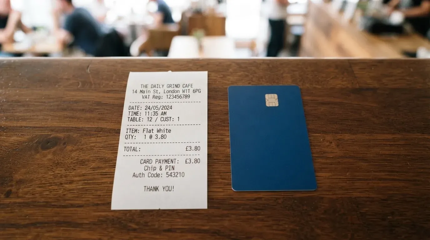 A receipt and a card on a café table