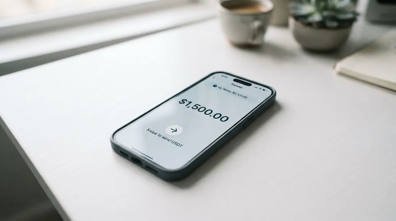 A phone showing a stablecoin transfer screen
