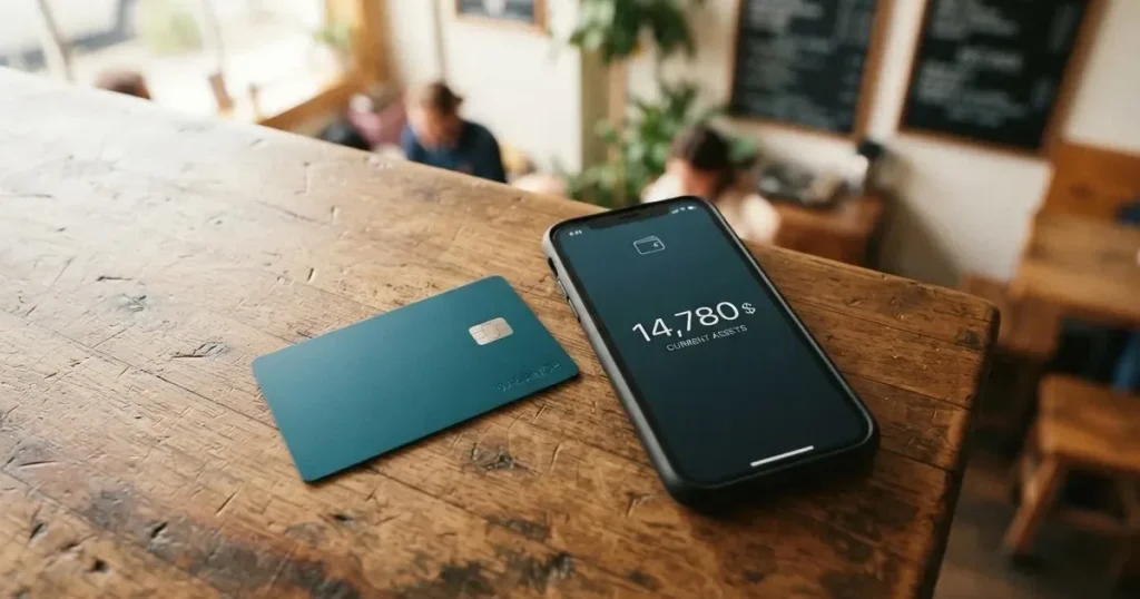 A payment card next to a phone with a crypto wallet app open