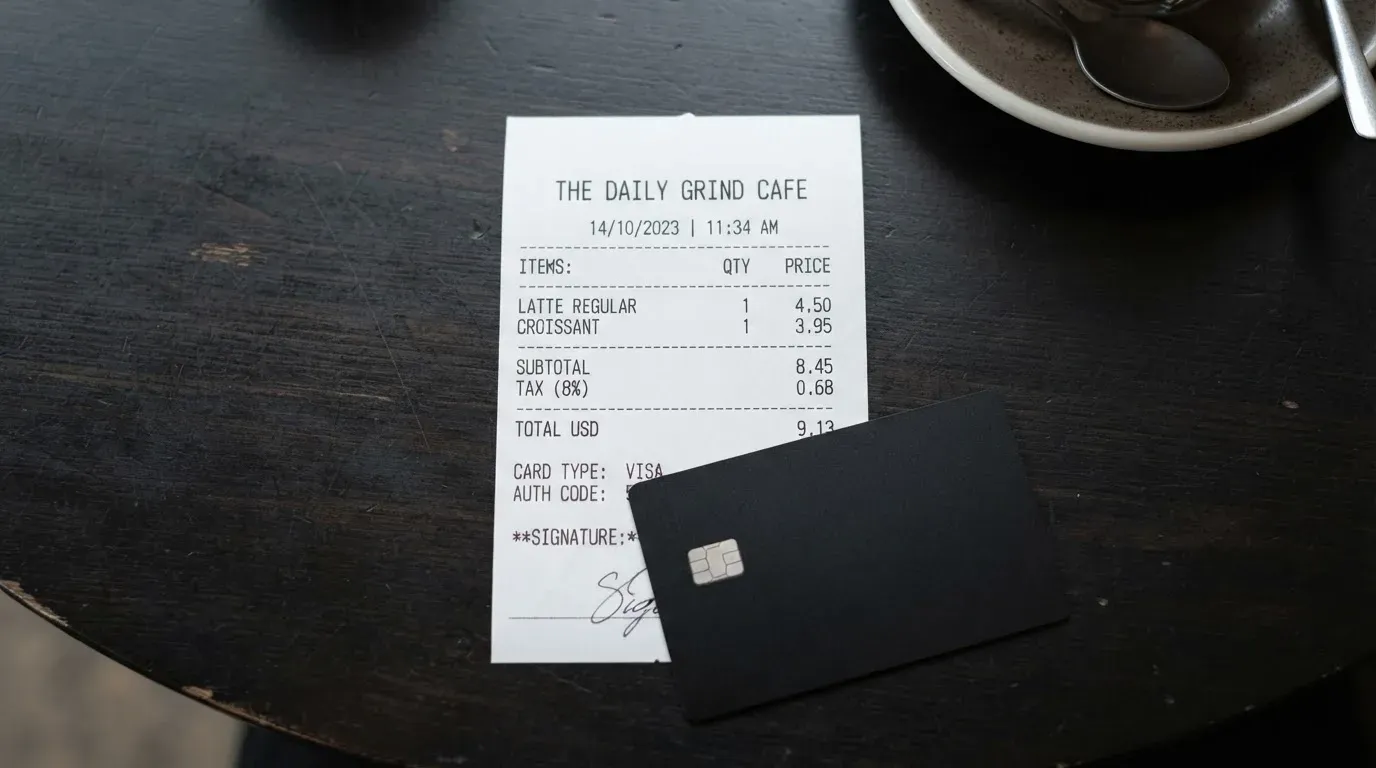 A receipt and a card on a café table