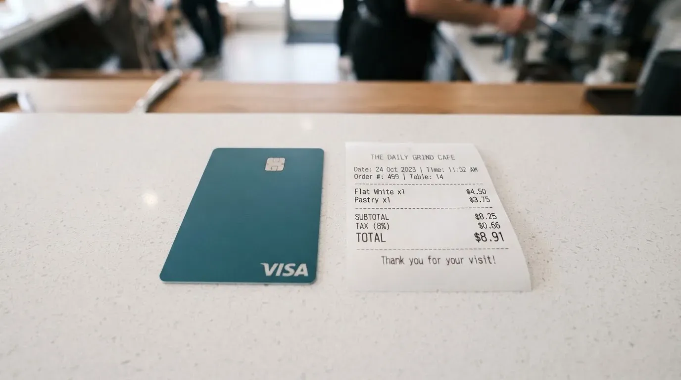 A receipt and a card on a café table