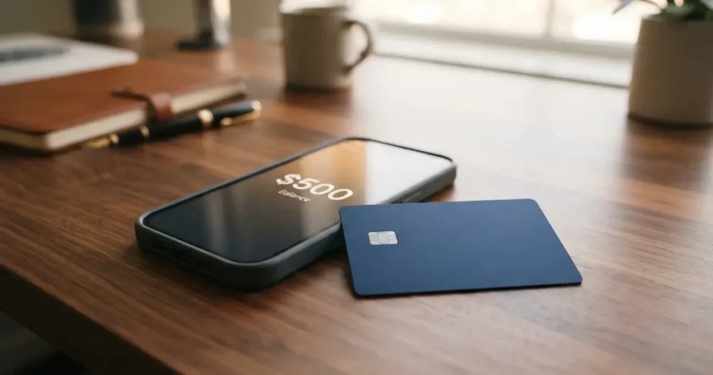 A payment card next to a phone with a crypto wallet app open