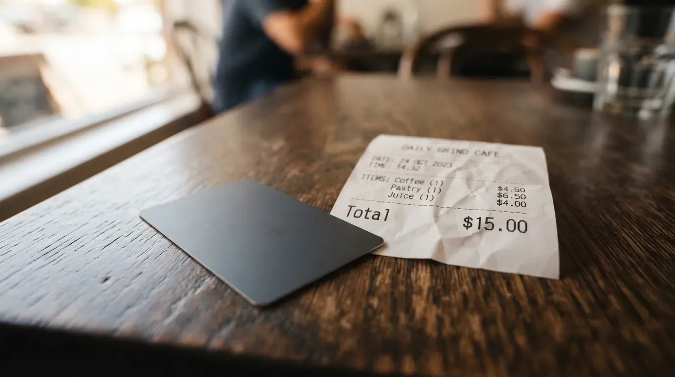 A receipt and a card on a café table