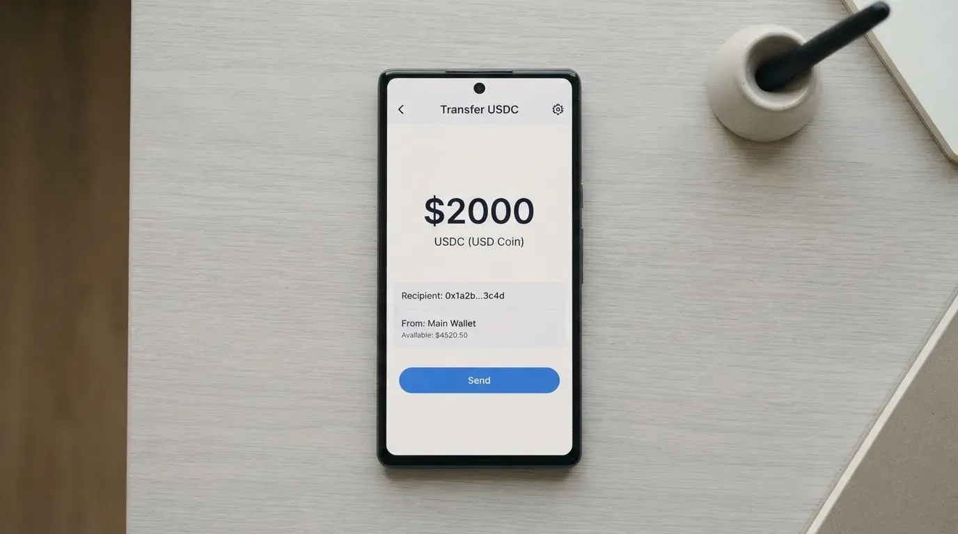 A phone showing a stablecoin transfer screen