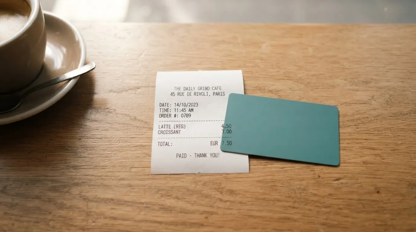 A receipt and a card on a café table