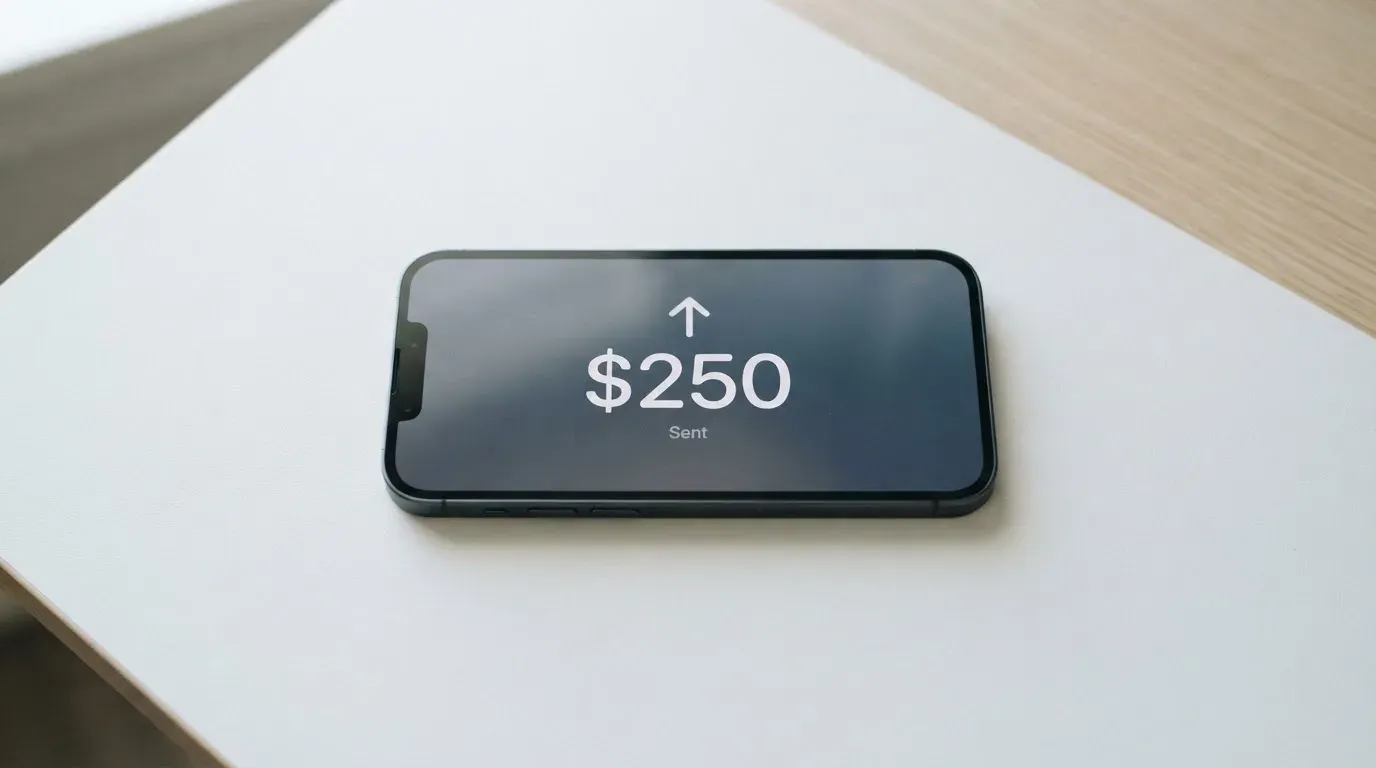 A phone showing a stablecoin transfer screen
