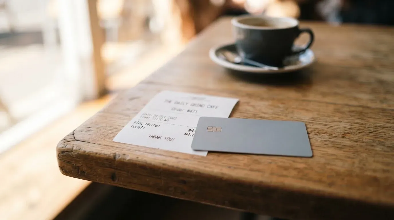 A receipt and a card on a café table