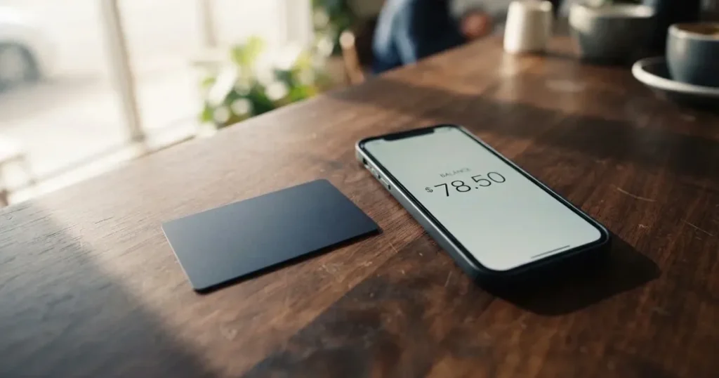 A payment card next to a phone with a crypto wallet app open