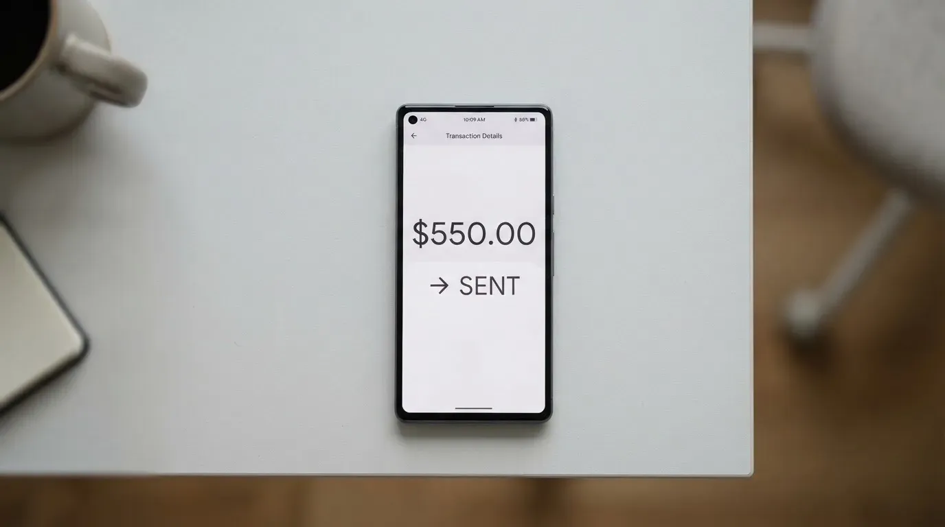 A phone showing a stablecoin transfer screen