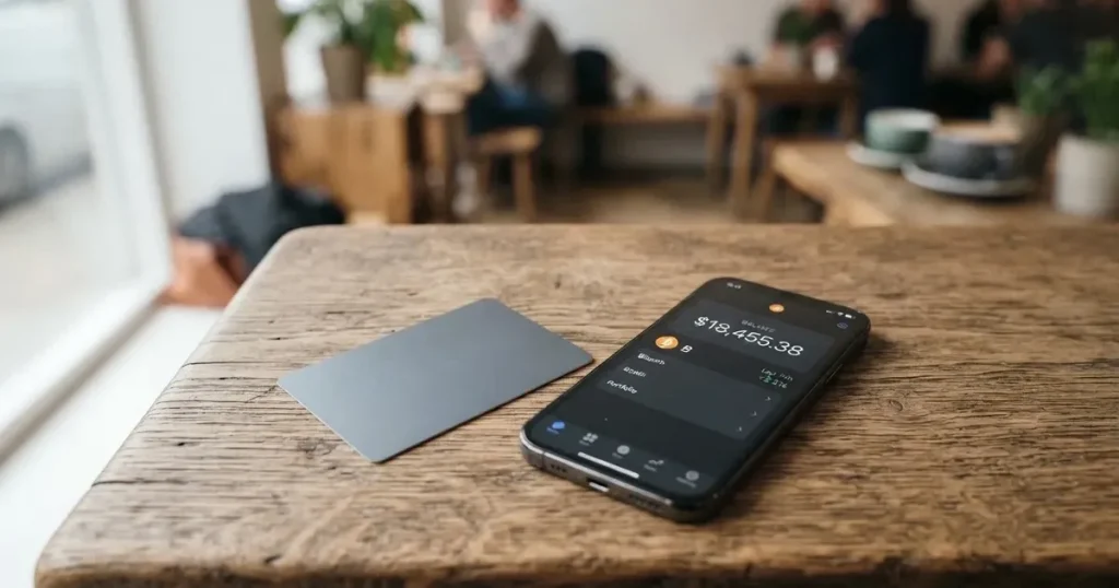 A payment card next to a phone with a crypto wallet app open