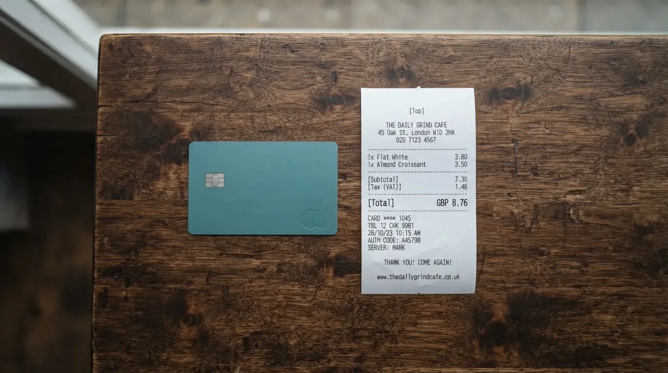 A receipt and a card on a café table