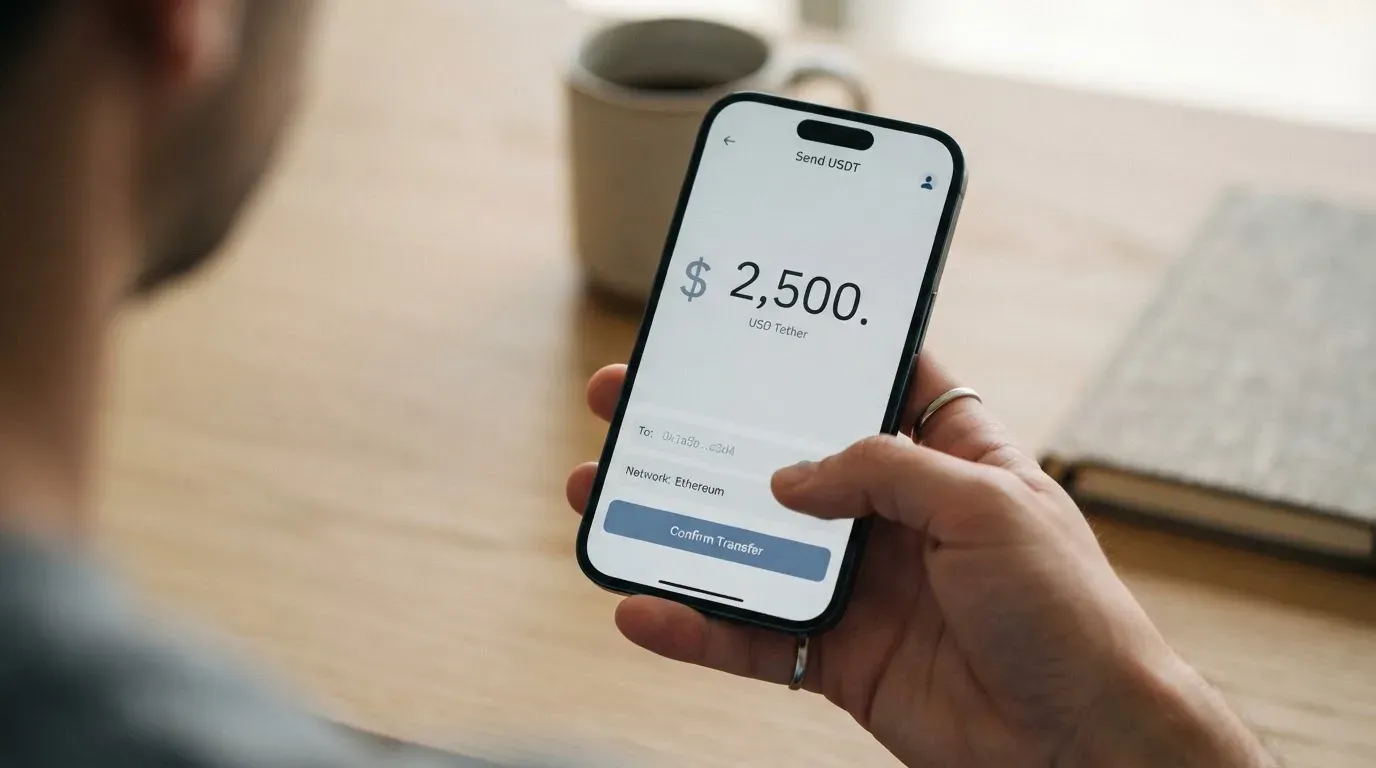 A phone showing a stablecoin transfer screen