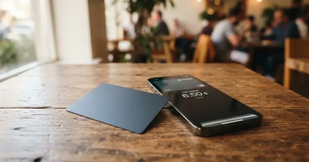 A payment card next to a phone with a crypto wallet app open