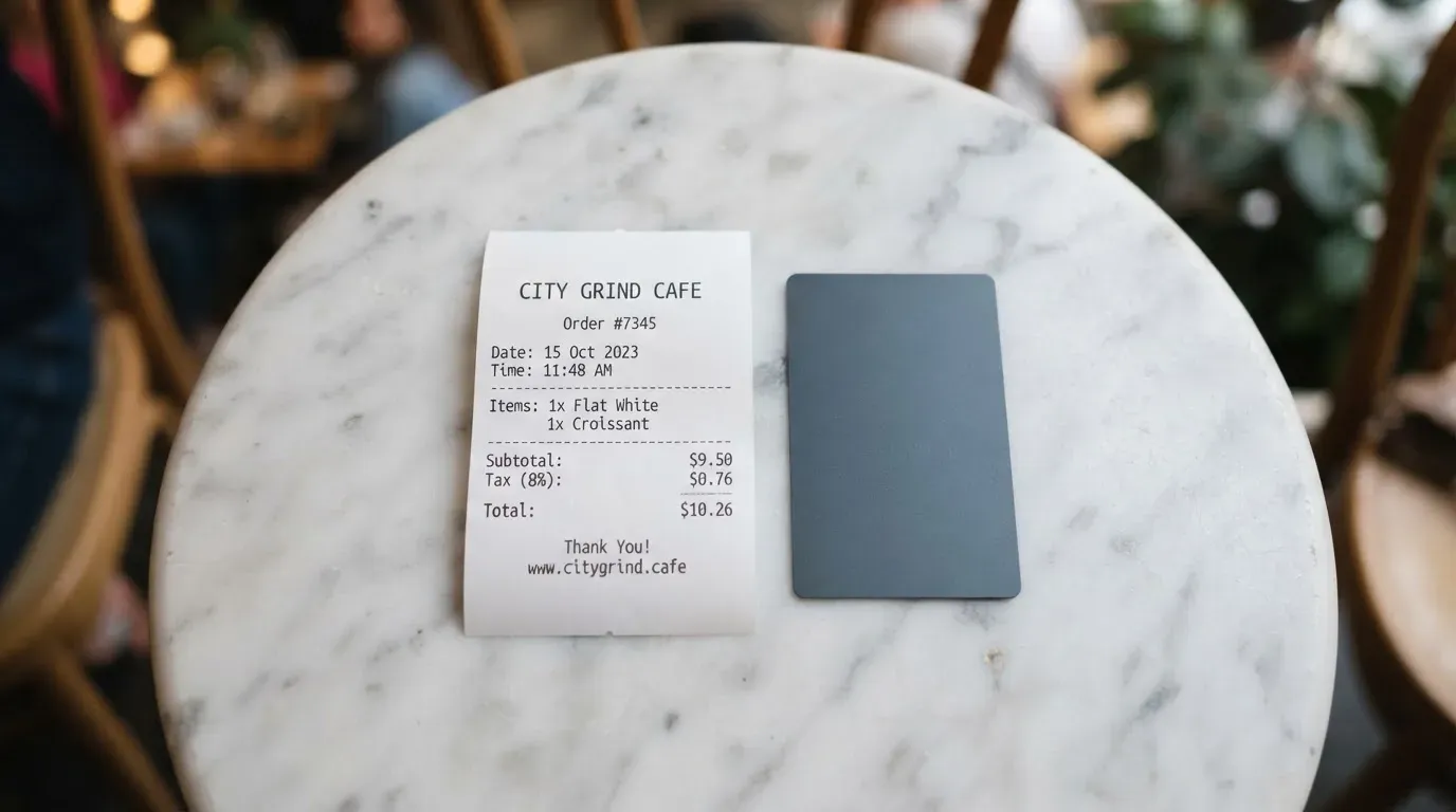 A receipt and a card on a café table