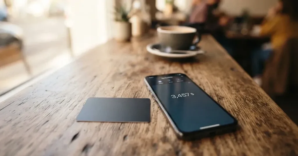 A payment card next to a phone with a crypto wallet app open