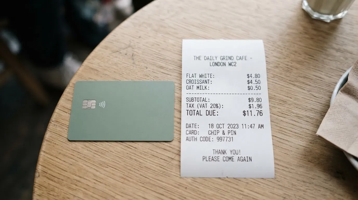 A receipt and a card on a café table