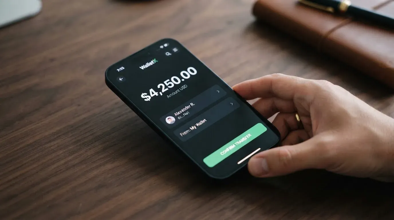 A phone showing a stablecoin transfer screen