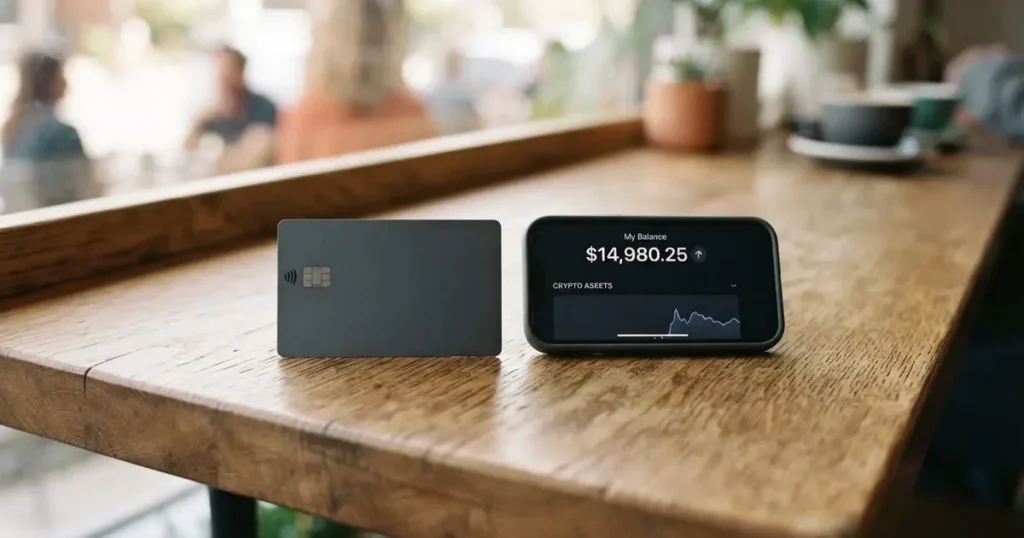 A payment card next to a phone with a crypto wallet app open
