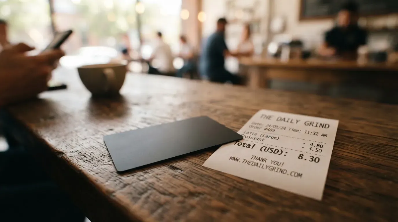 A receipt and a card on a café table