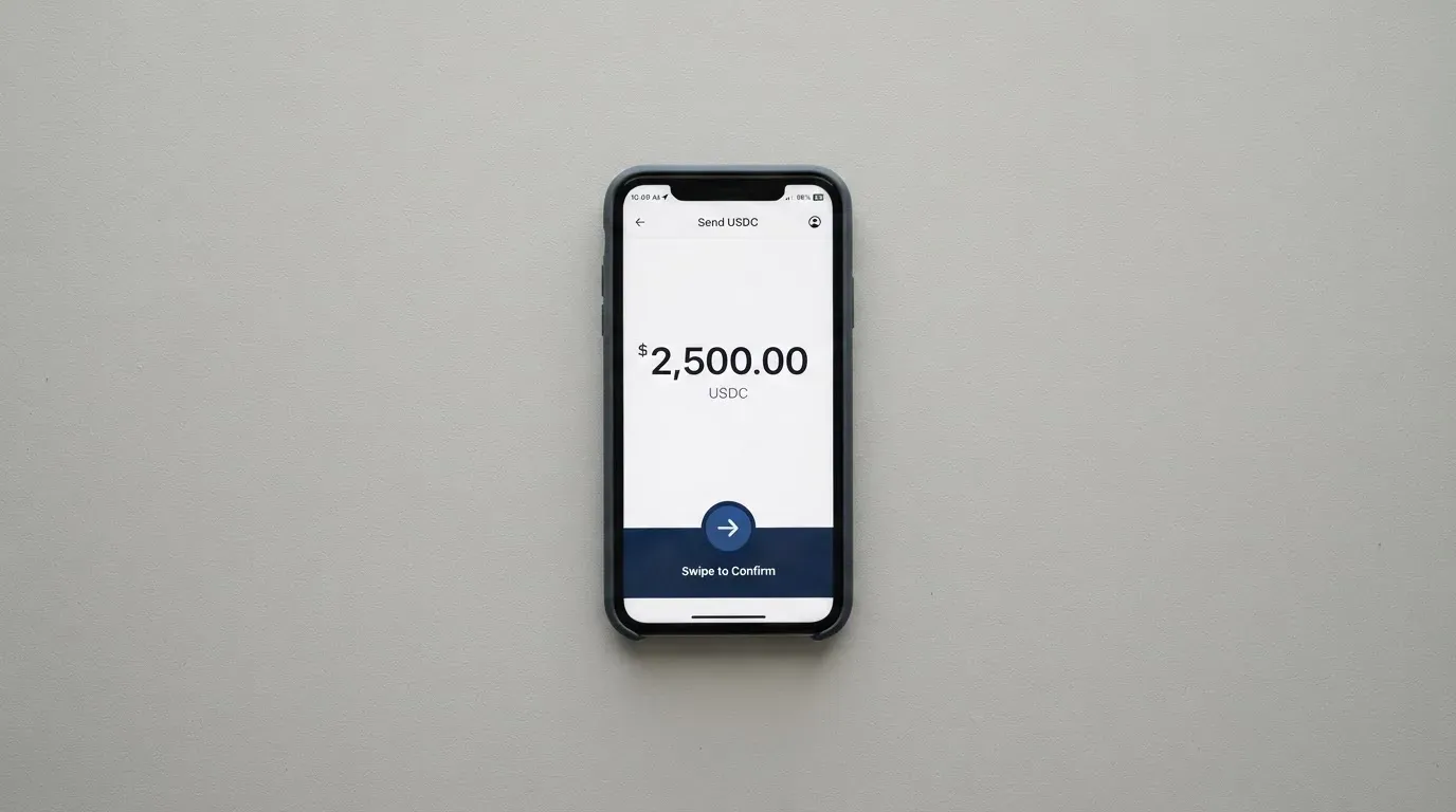 A phone showing a stablecoin transfer screen