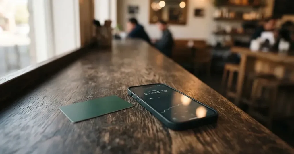 A payment card next to a phone with a crypto wallet app open