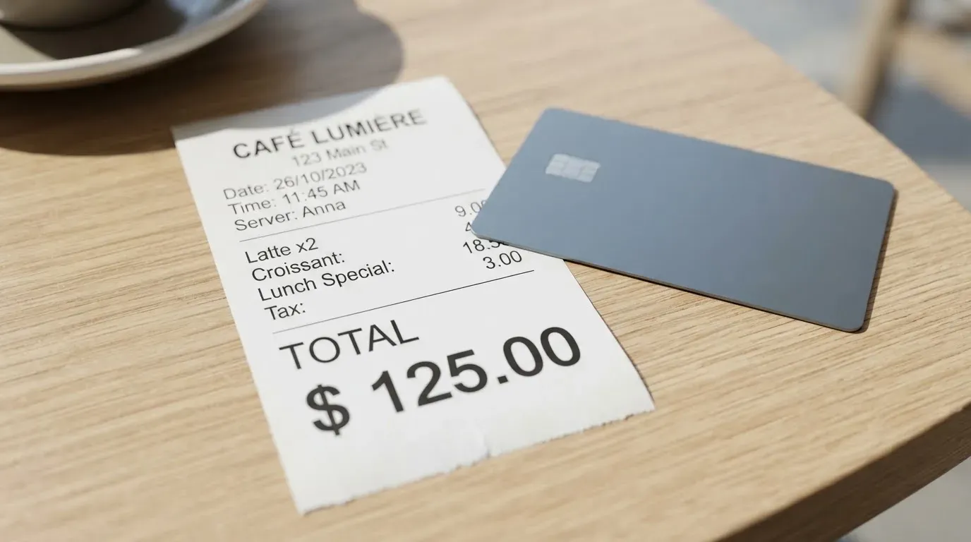 A receipt and a card on a café table