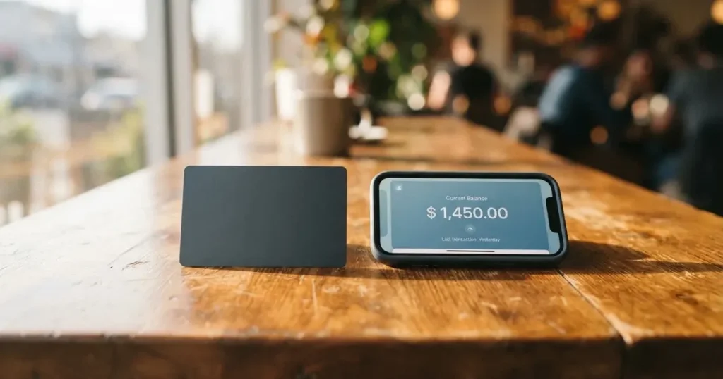 A payment card next to a phone with a crypto wallet app open