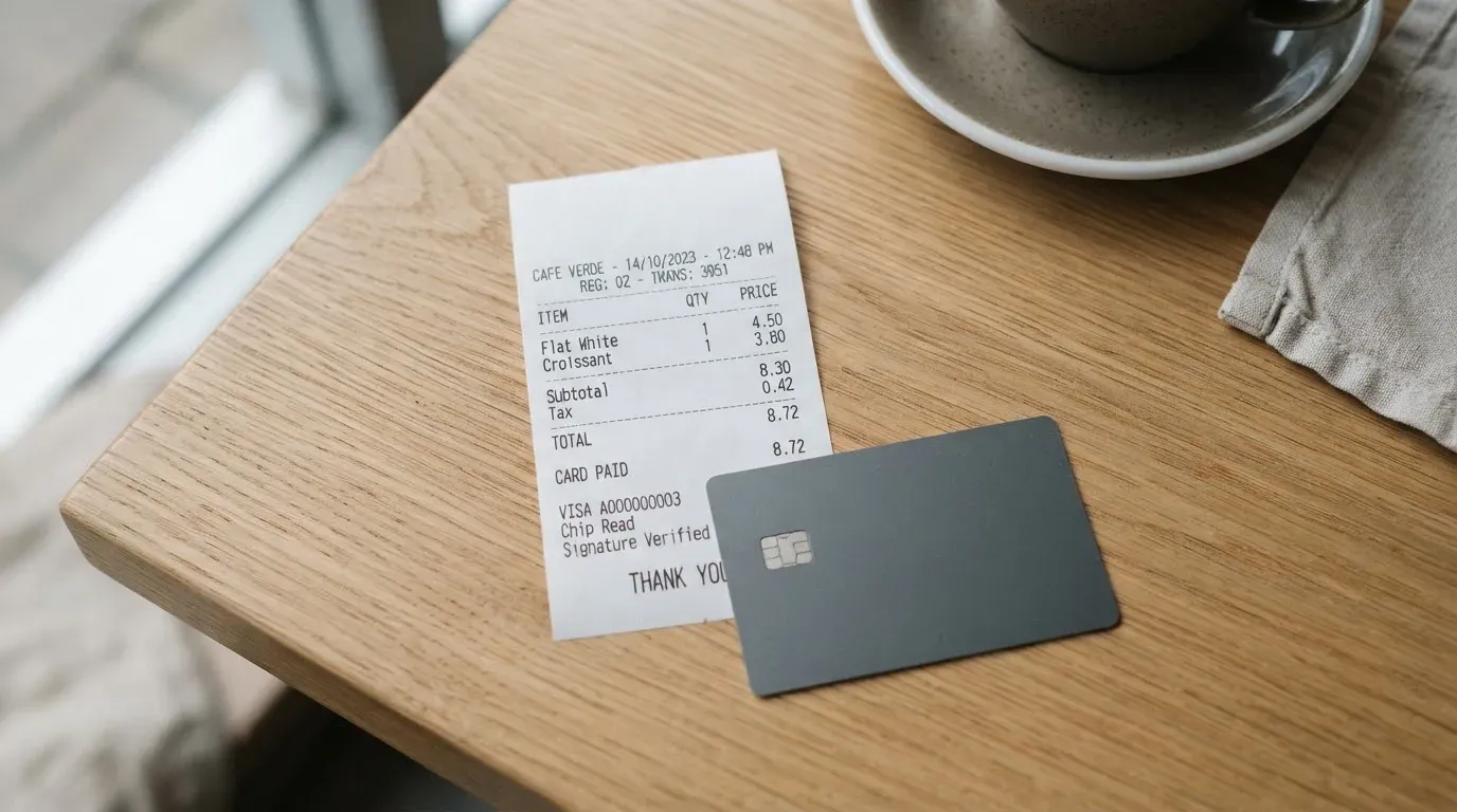 A receipt and a card on a café table