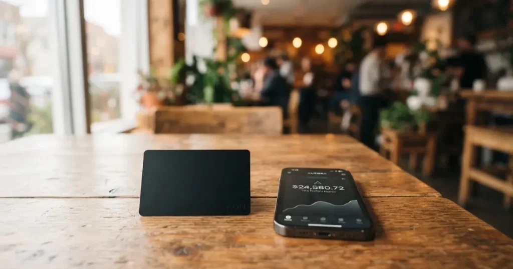 A payment card next to a phone with a crypto wallet app open